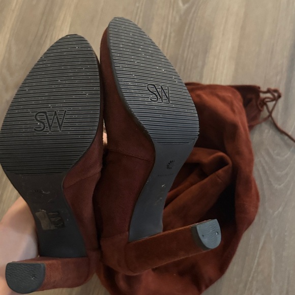 Stuart weitzman stretch suede dark maroon red highland thigh high heeled boots - Picture 4 of 9